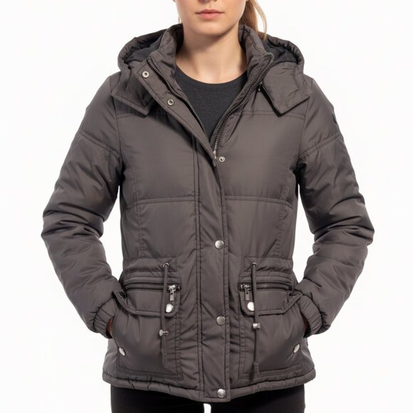 WOMEN Gray Padded Hooded Winter Jacket Sz(S) - Quilted Drawstring "Love Me Now" - Picture 1 of 10